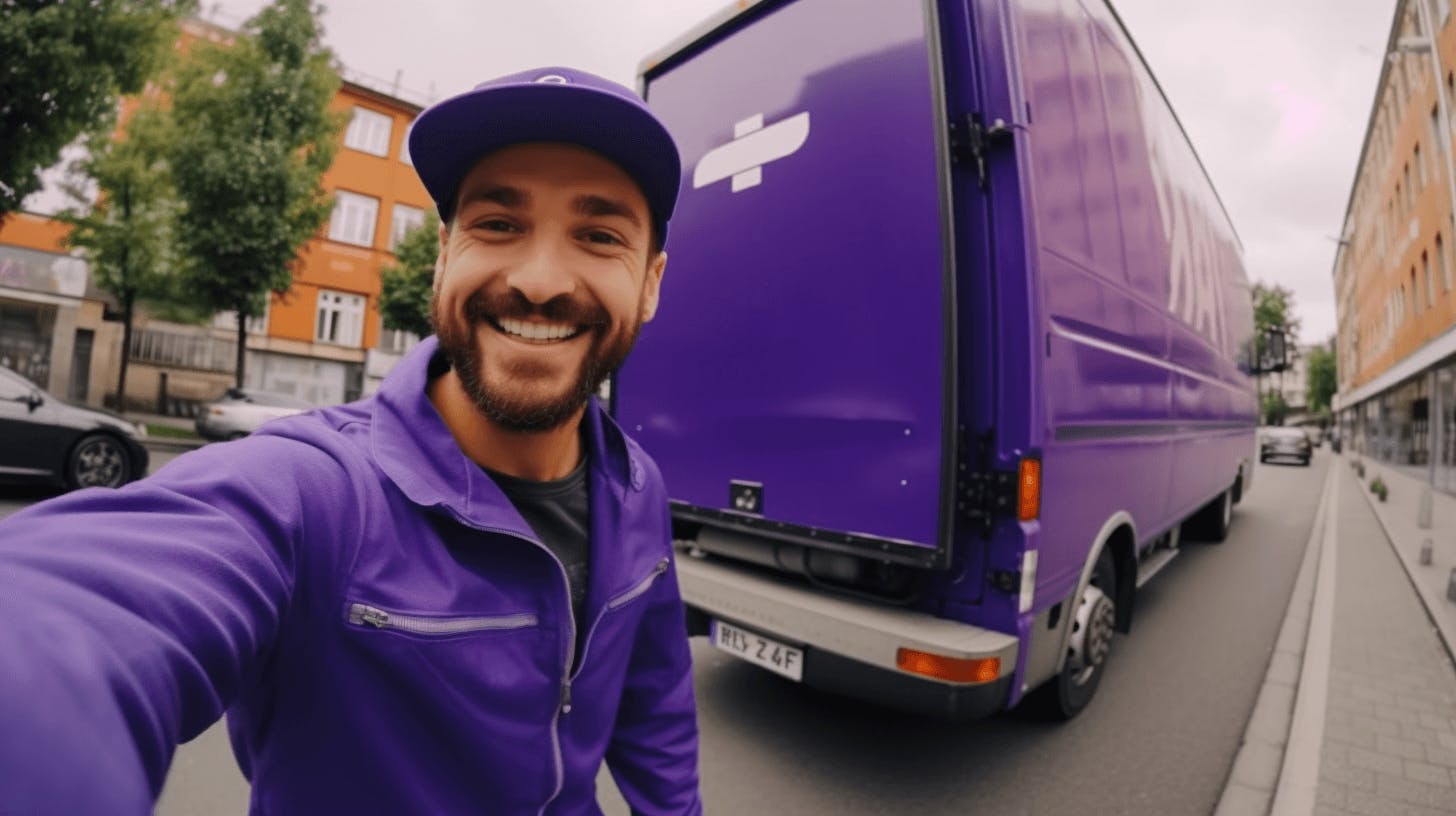 a young man wearing a purple jacket is selfie in front of his truck