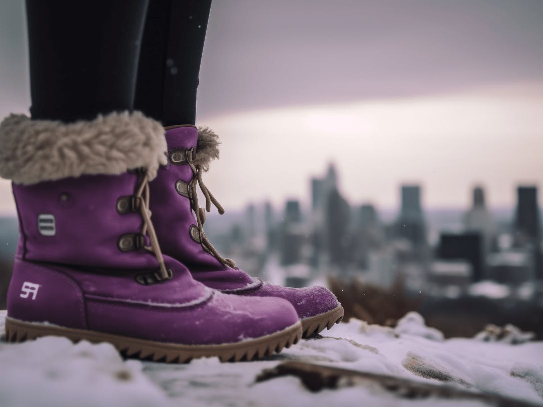 ugg boots for snowing, ugg brand, fashion boot, purple tones, afternoon, new york city view