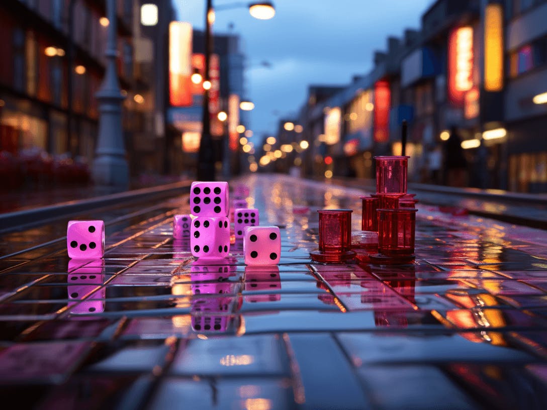 This is a high resolution photo of a red dice on a wet street, in the style of colorful cityscapes