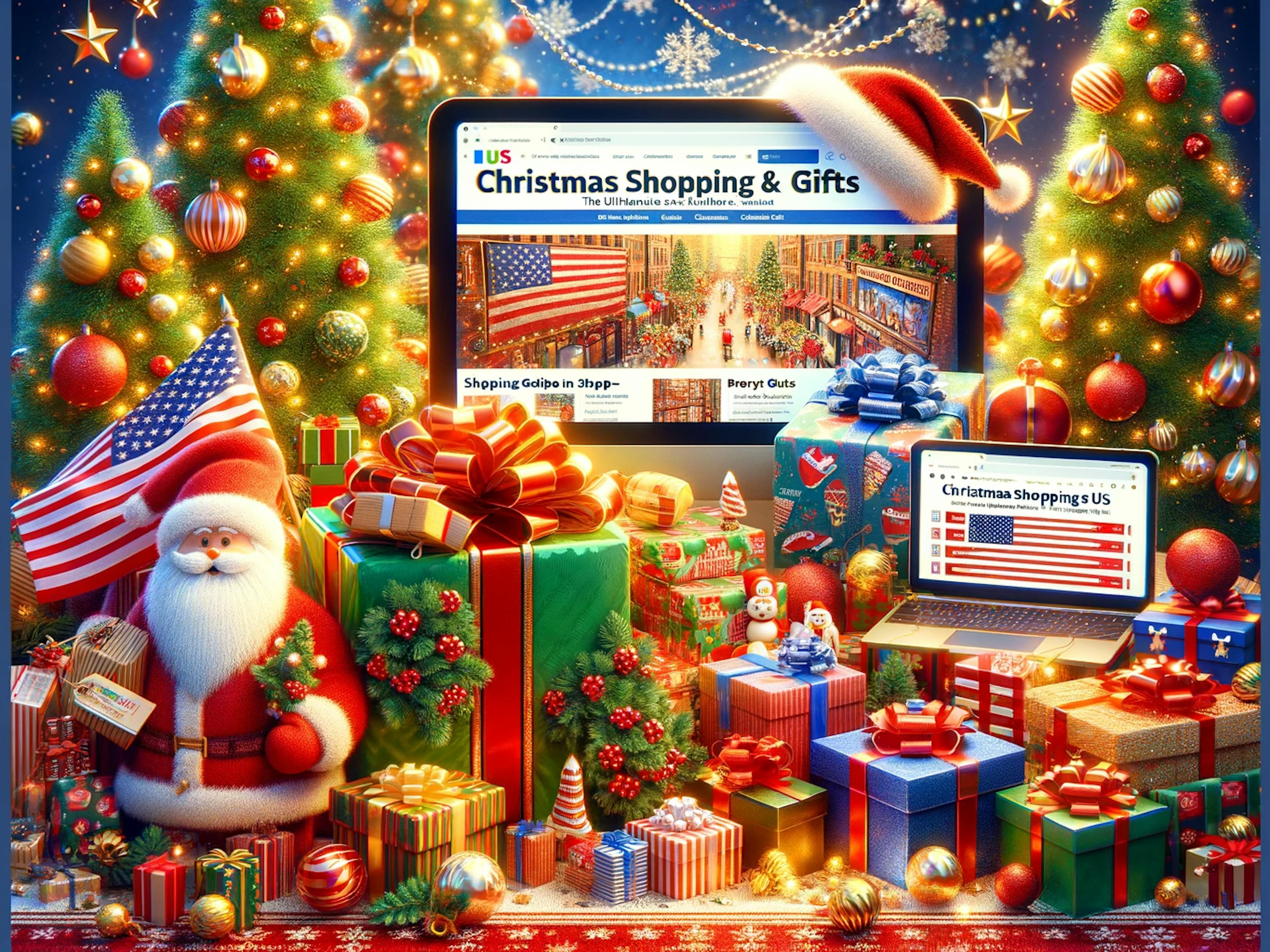 festive Christmas decorations, gift boxes, and symbols representing shopping in the US.