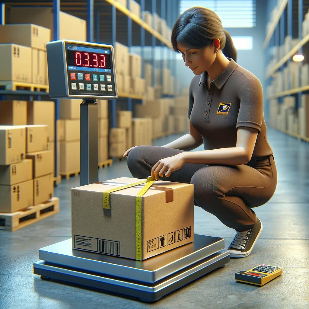 a shipping package on a scale with a person measuring its dimensions in a realistic setting.