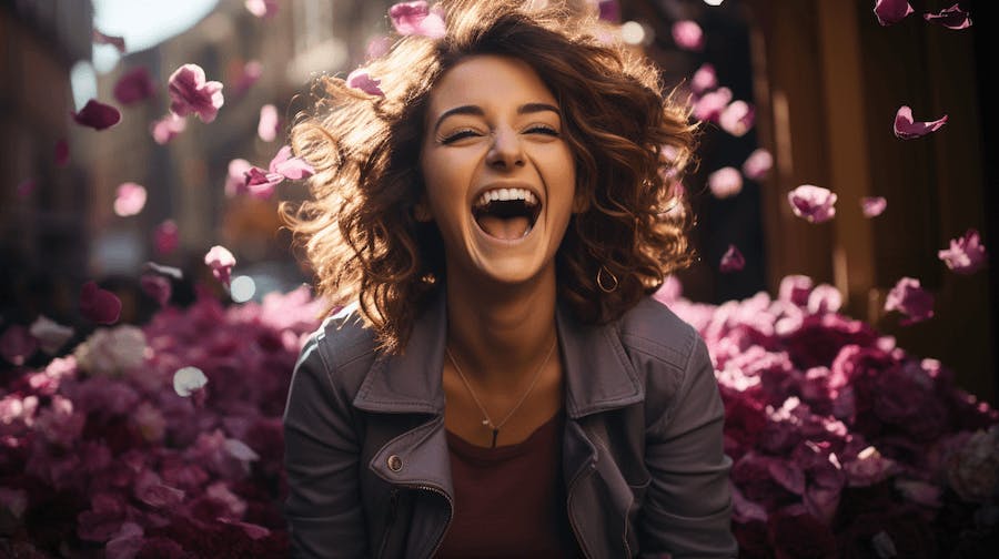 a woman laughing in front of flower petals a woman laughing in front of flower petals