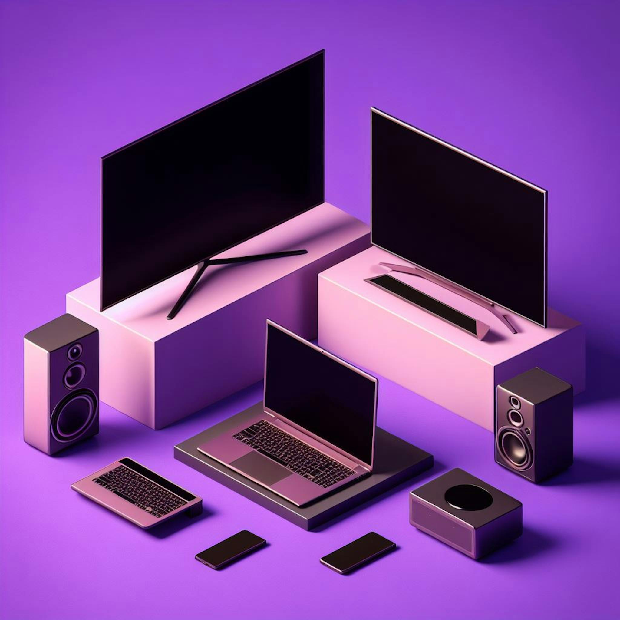 TVs and laptops on sets to show off on a purple background. 