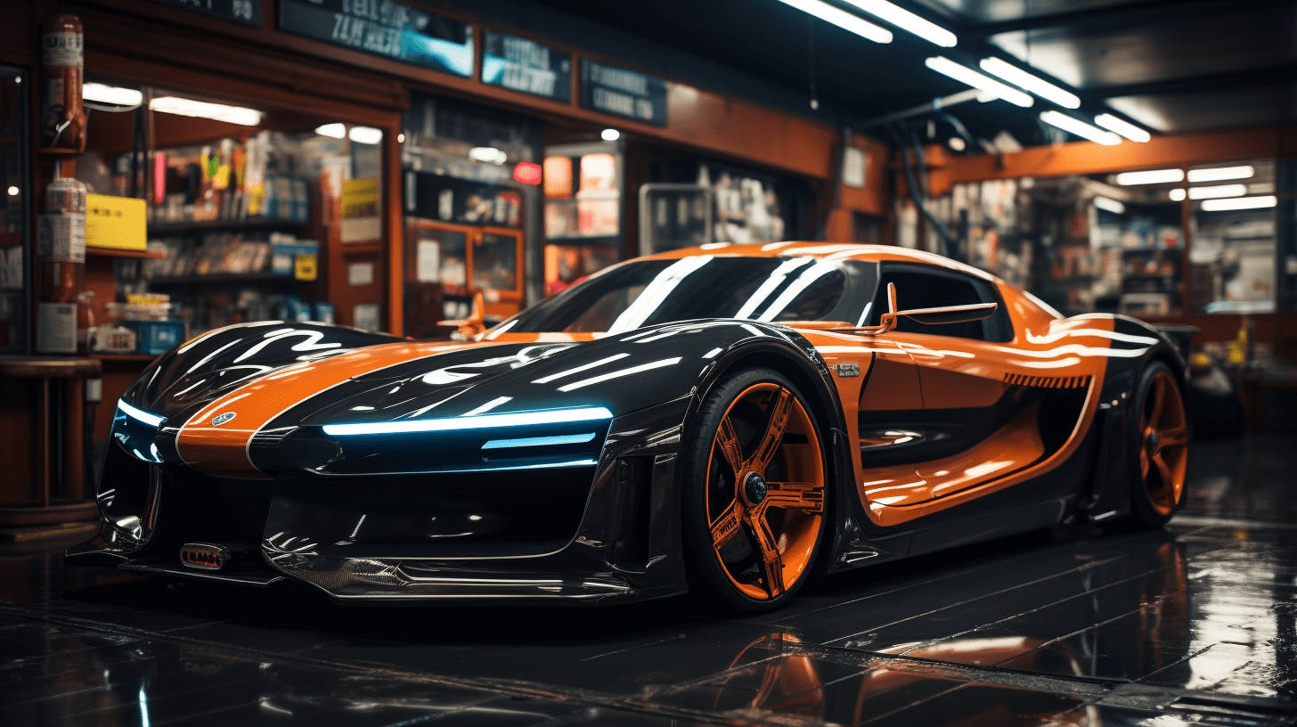 a black and orange futuristic car in a garage, in the style of clear edge definition