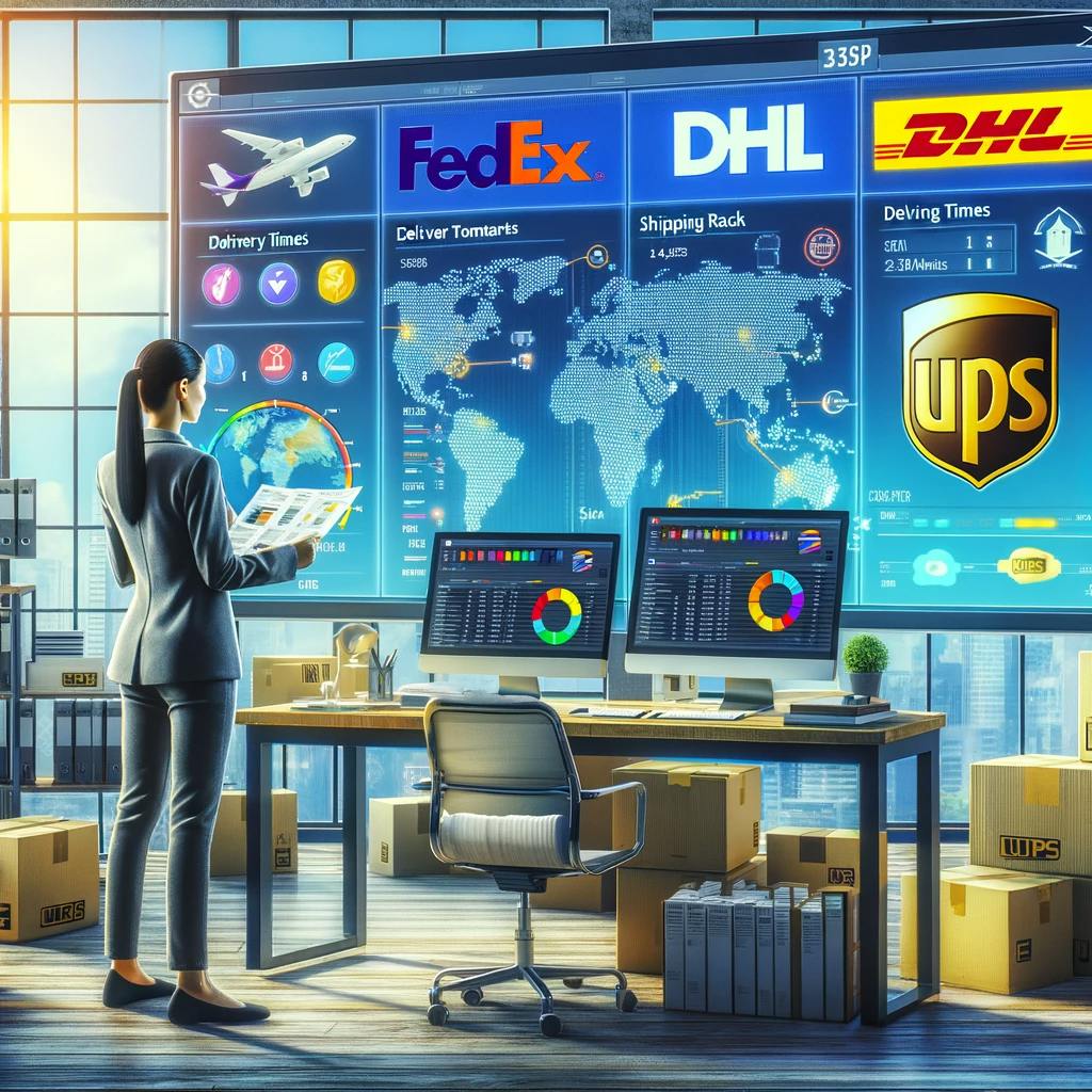 a scene of someone comparing major courier companies: FedEx, DHL, UPS, and USPS a scene of someone comparing major courier companies: FedEx, DHL, UPS, and USPS