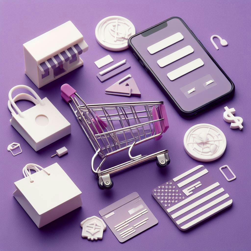 Online shopping related icons on a purple background including mobile phone, shopping cart, paper bag etc. 