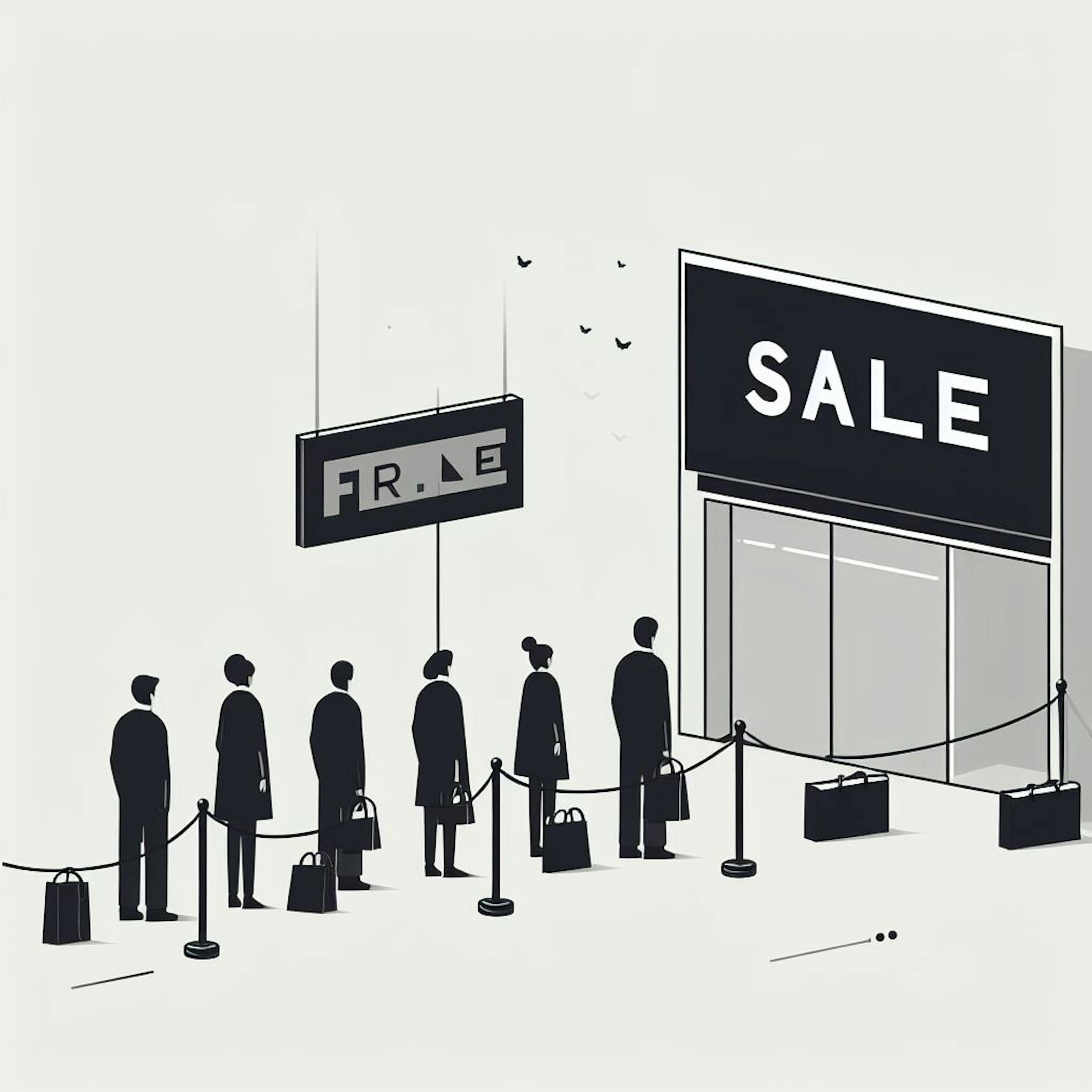 Men and women are in the queue for shopping in sales. 
