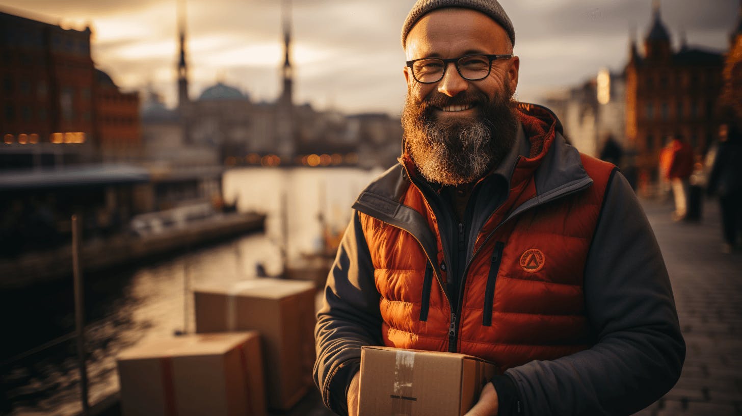 a man with a beard with a package holding a box in front of a city