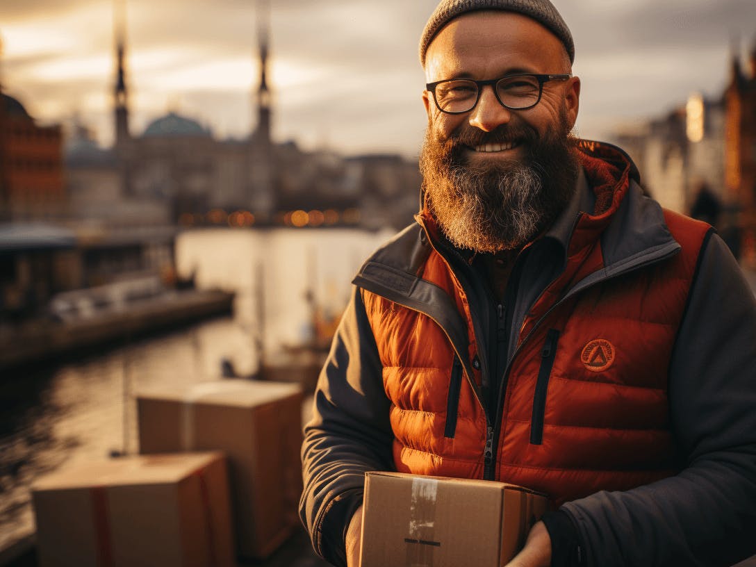 a man with a beard with a package holding a box in front of a city
