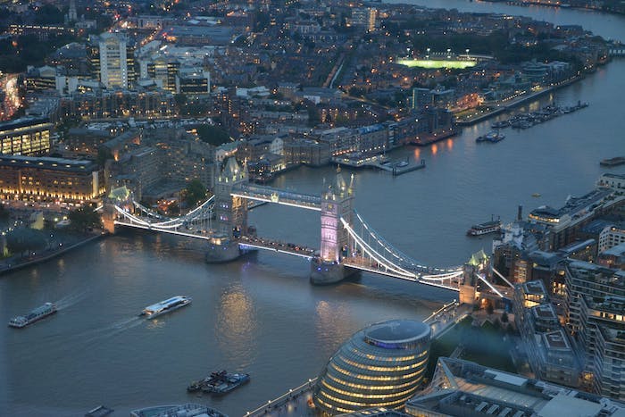 Aerial view of London, United Kingdom, featuring the River Thames and iconic buildings