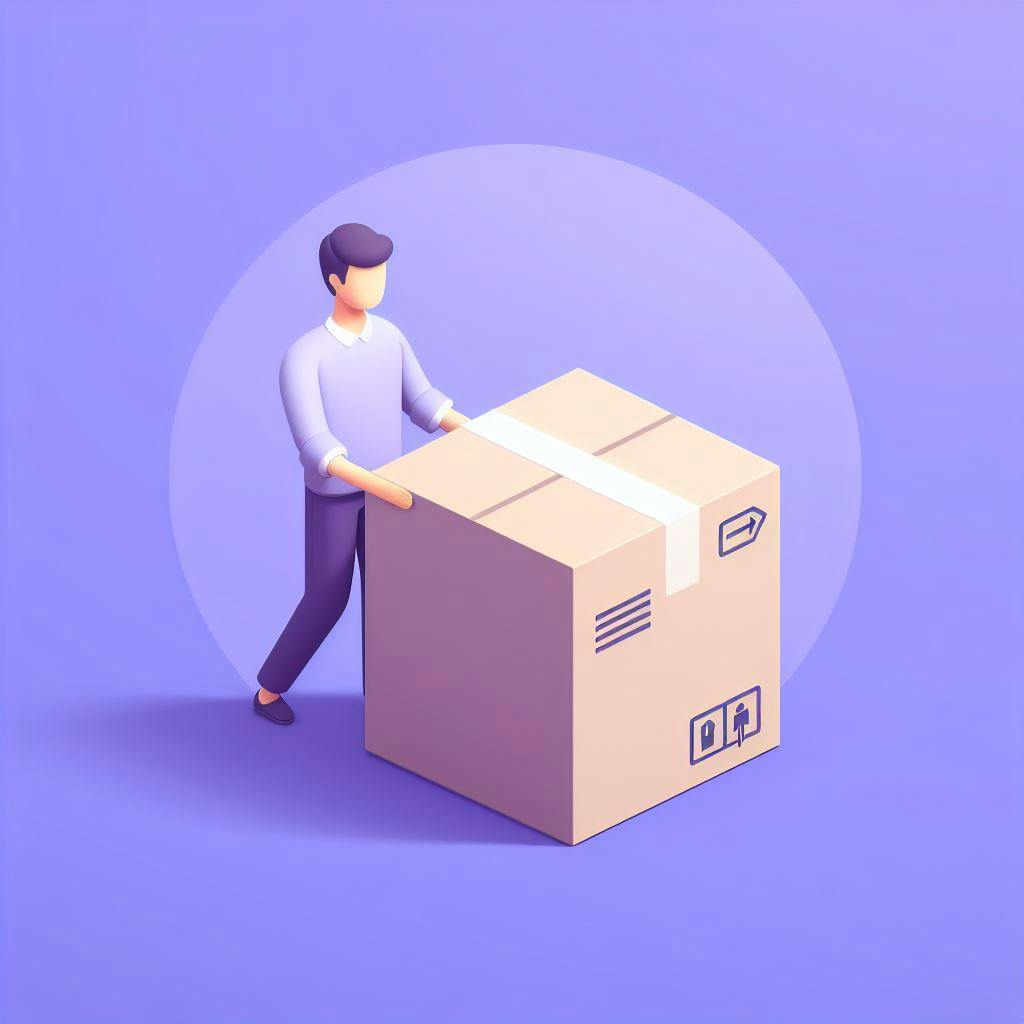 A man pushing a shipping package on a purple background. A man pushing a shipping package on a purple background.