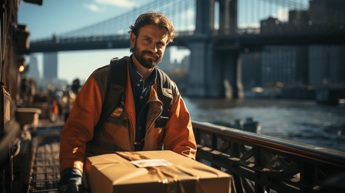 A man holding a shipping package to deliver it. 