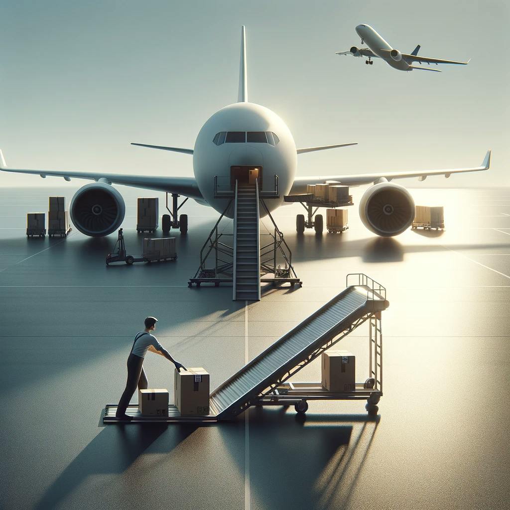 A package being loaded to the air cargo plane to be shipped internationally. 