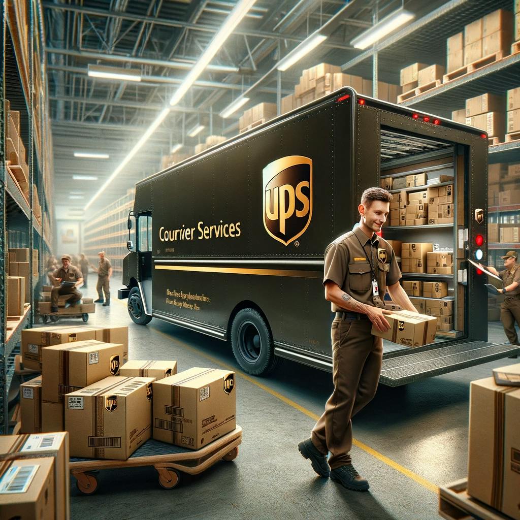 a scene focused on UPS courier services in a distribution center a scene focused on UPS courier services in a distribution center