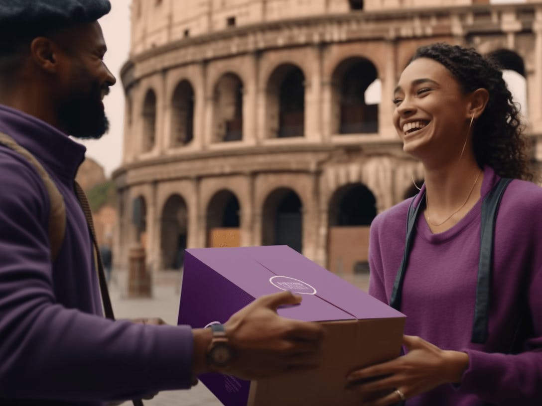a woman receives her shipping package from courier man, Italy, colosseum background, afternoon