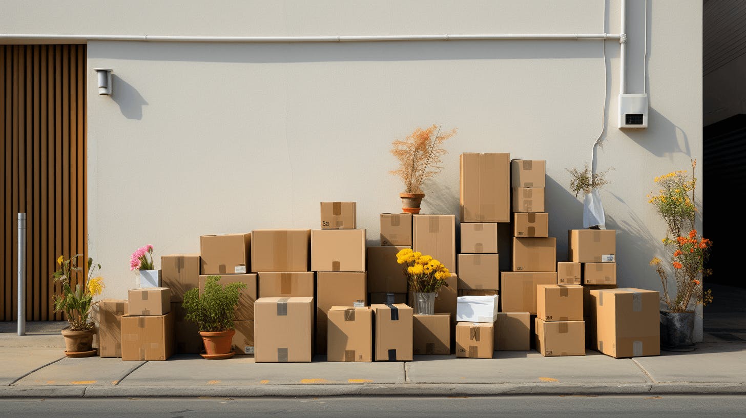 boxes sit on a curb near a building, in the style of light beige and amber