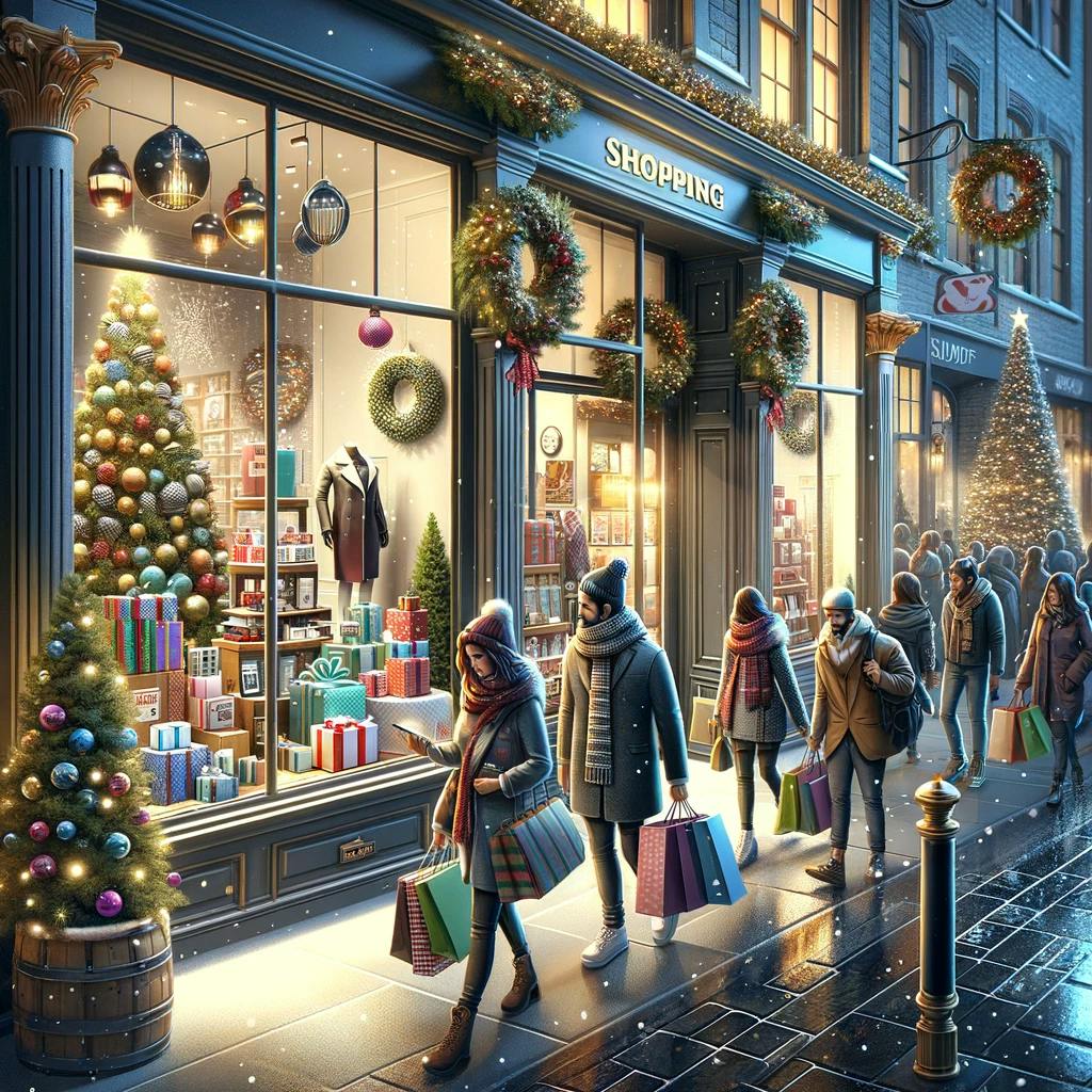 Christmas shopping and gifting trends, showing a busy shopping street with festive decorations, shoppers carrying bags, and display windows showcasing popular gifts.