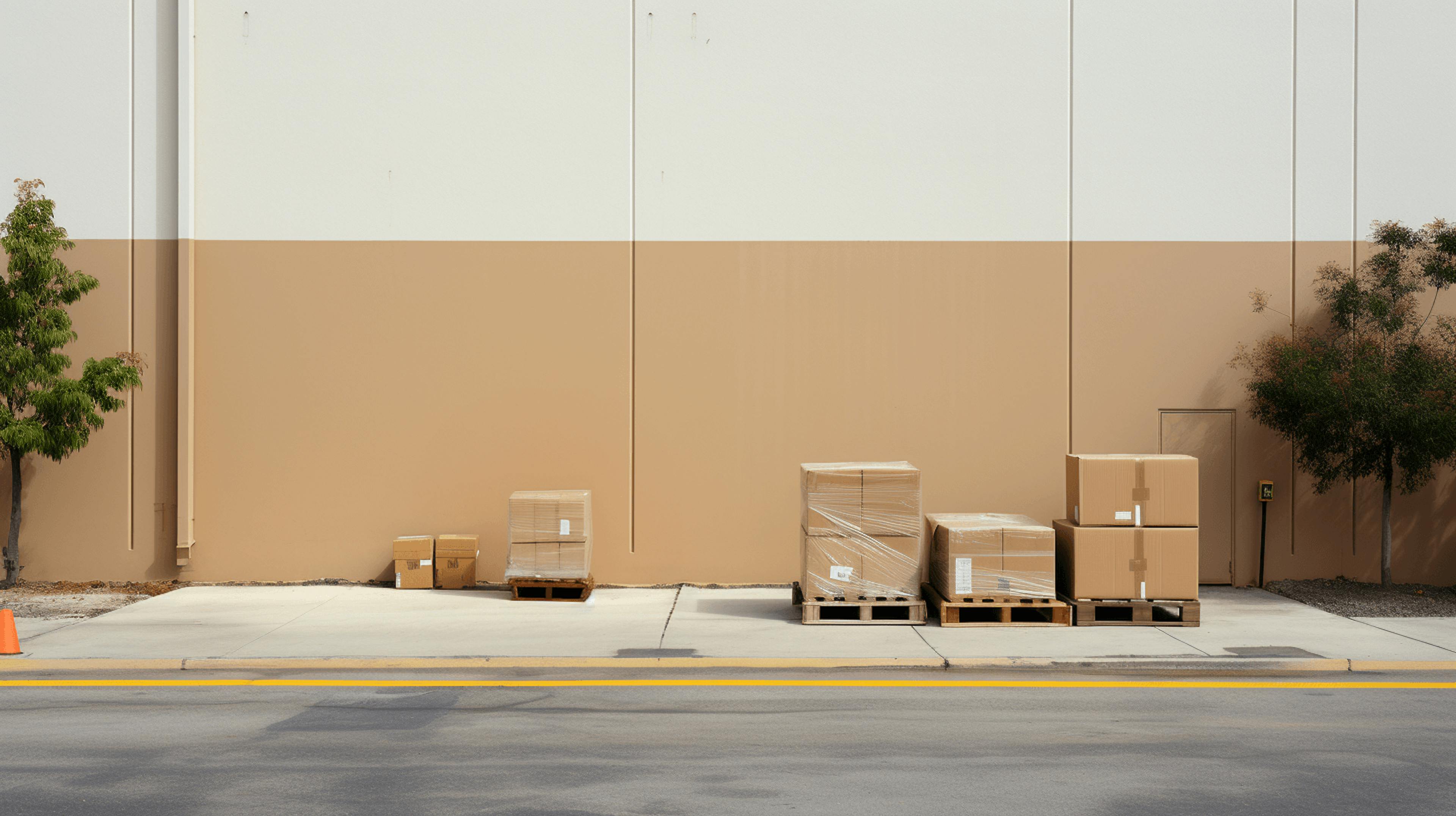 an industrial style building next to boxes with white paint