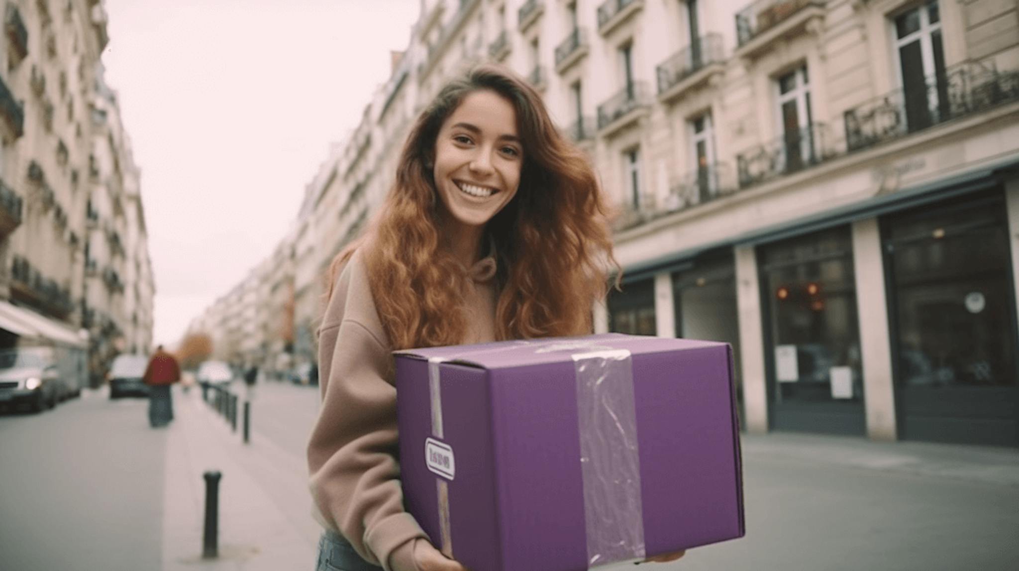 a young woman is holding a purple box on a street in Paris, in the style of smilecore