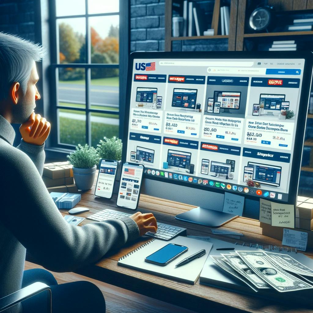 someone shopping online from multiple US-based stores someone shopping online from multiple US-based stores
