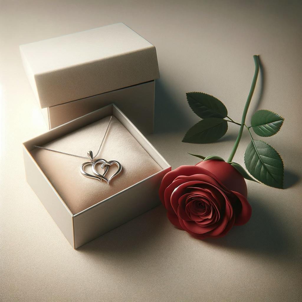 A gift package with a rose beside it. 