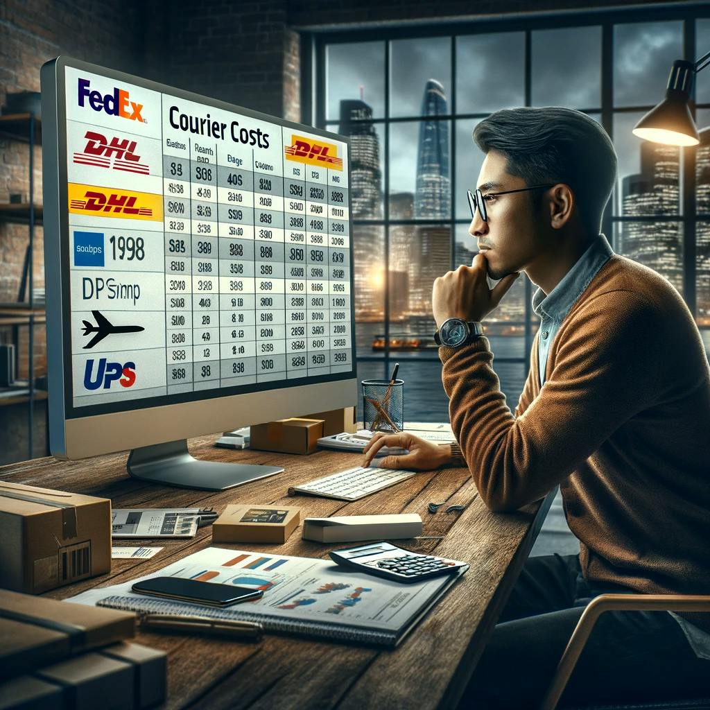 a realistic scene of someone comparing courier costs in a modern office setting a realistic scene of someone comparing courier costs in a modern office setting