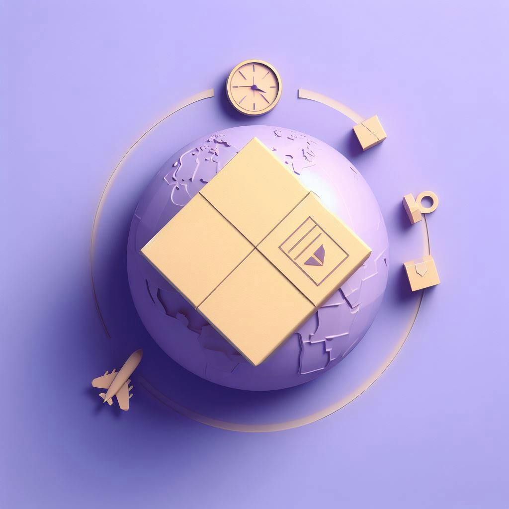A shipping package on a miniature world, around with plane, clock, and two more smaller package. A shipping package on a miniature world, around with plane, clock, and two more smaller package.