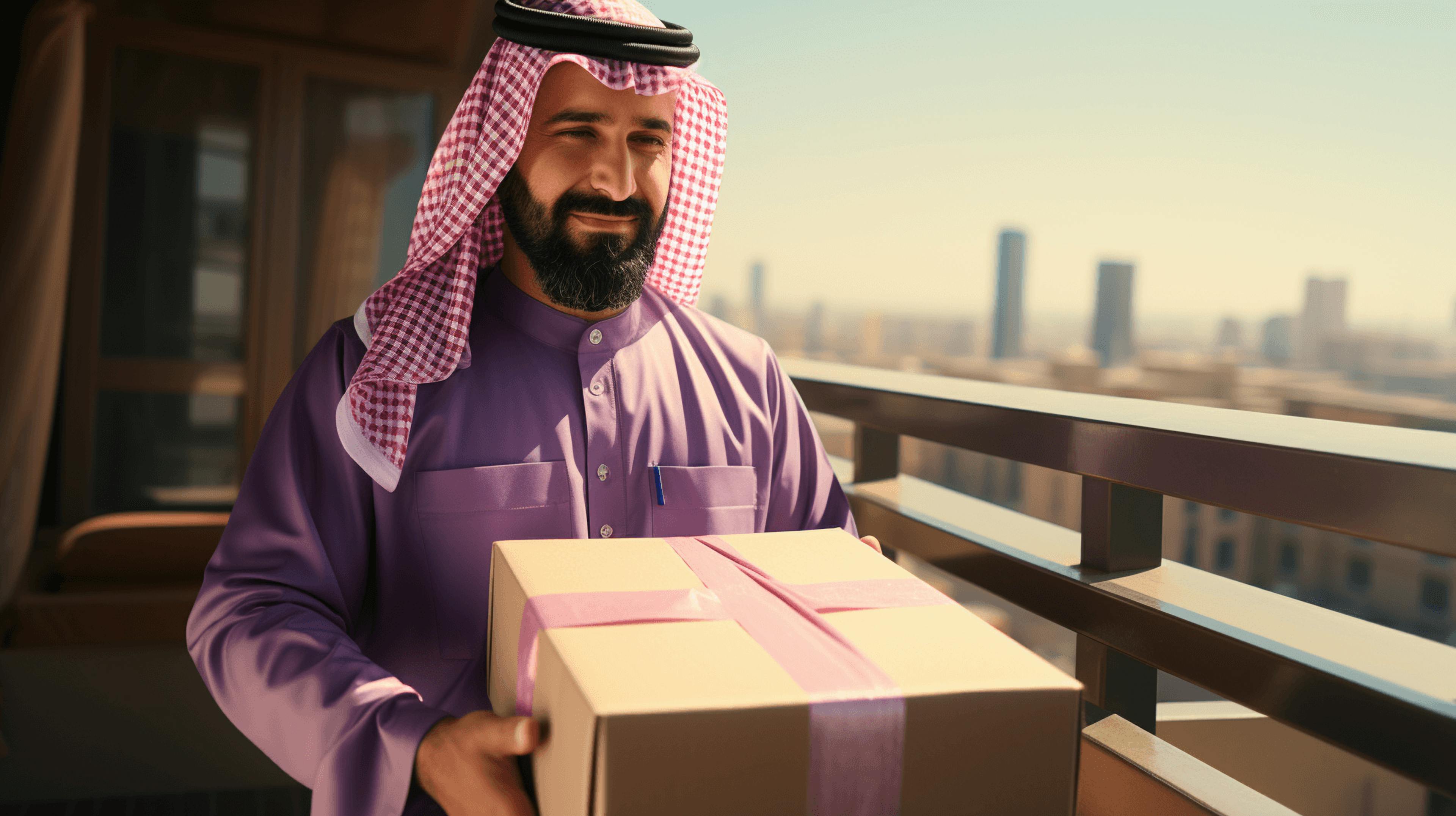 businessman with gift on a rooftop in saudi, in the style of light brown and pink