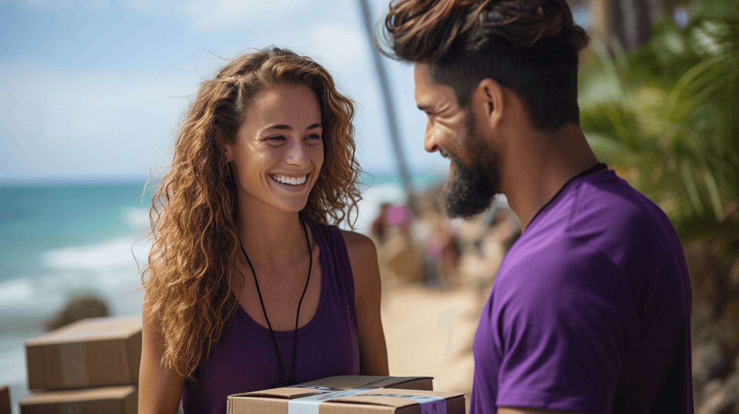couples smiling at the beach holding boxes, in the style of photorealistic detail, purple