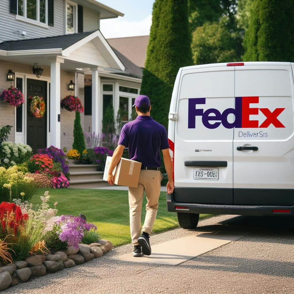 FedEx delivers packages to a house FedEx delivers packages to a house