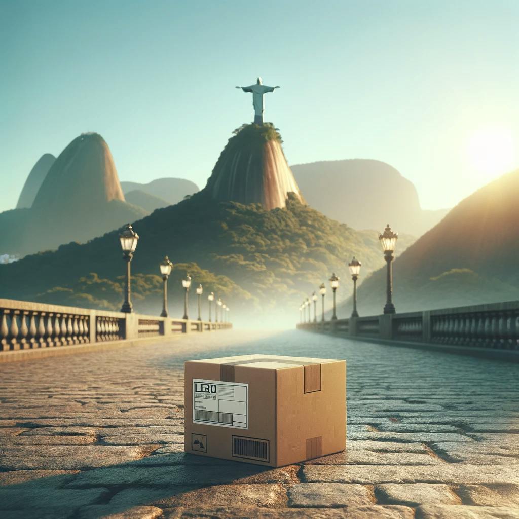 A package shipped from US to Brazil, on a famous spot on Brail. A package shipped from US to Brazil, on a famous spot on Brail.