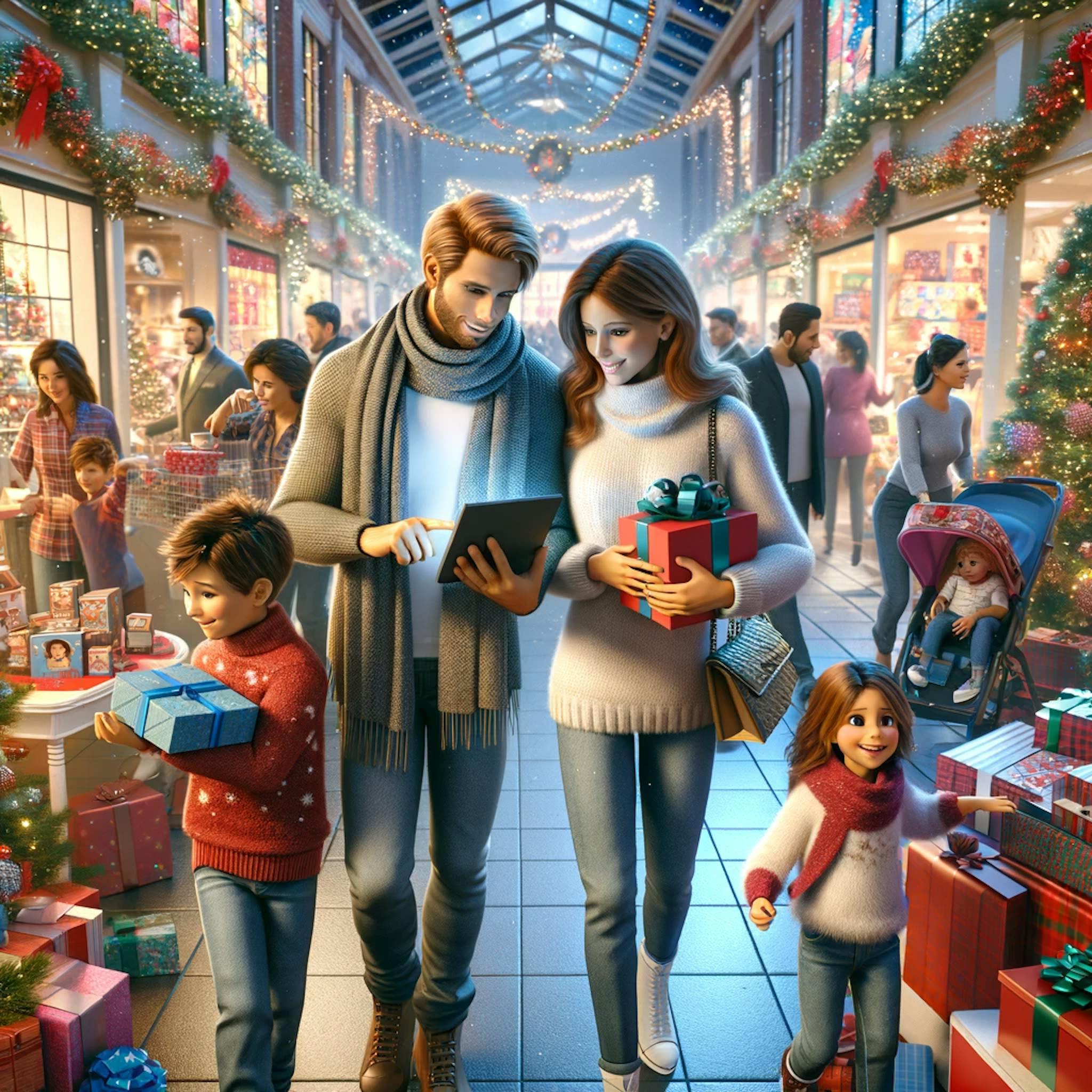 a family shopping for Christmas gifts in a festively decorated store.