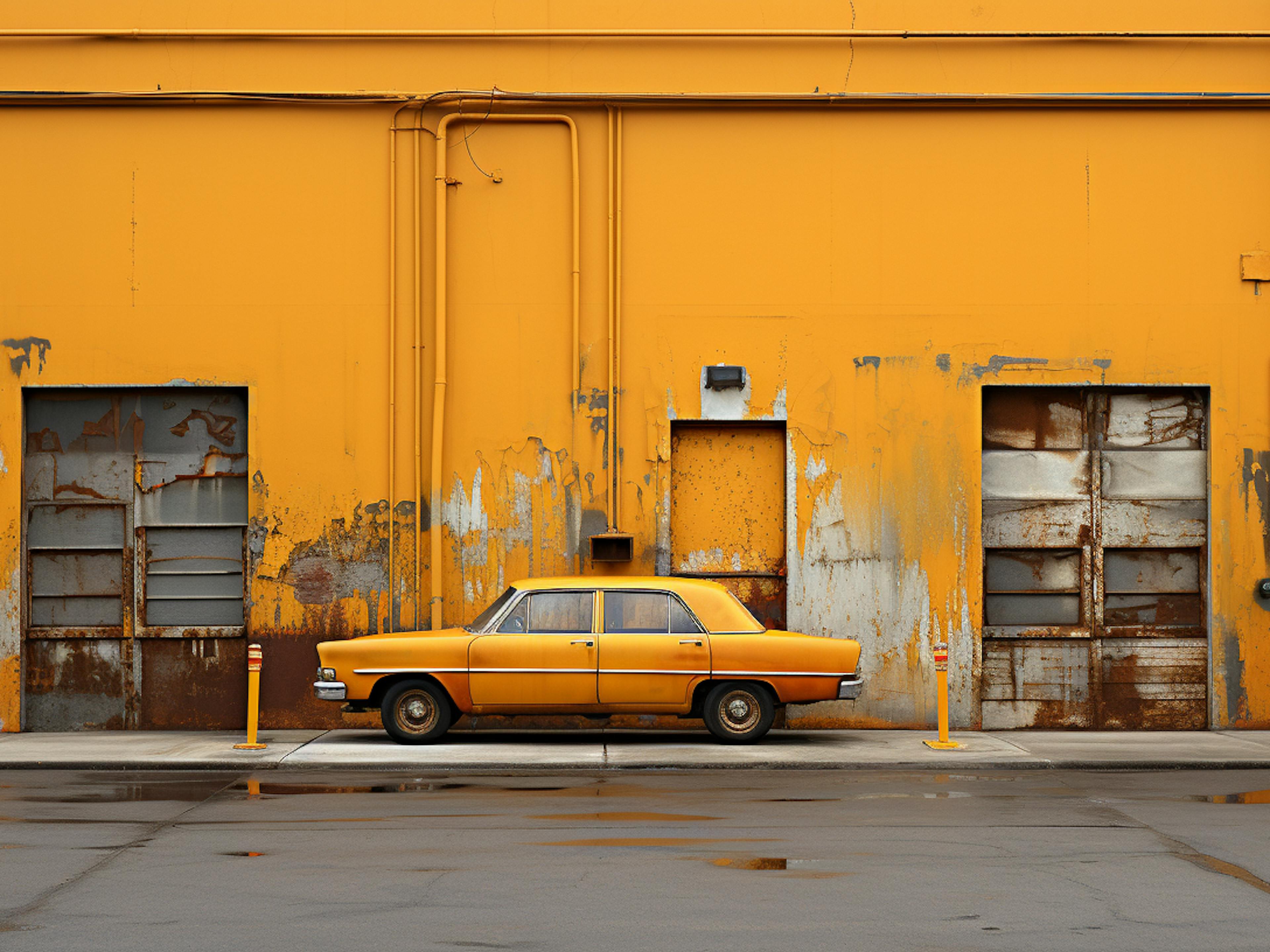 an old car parked against a yellow wall