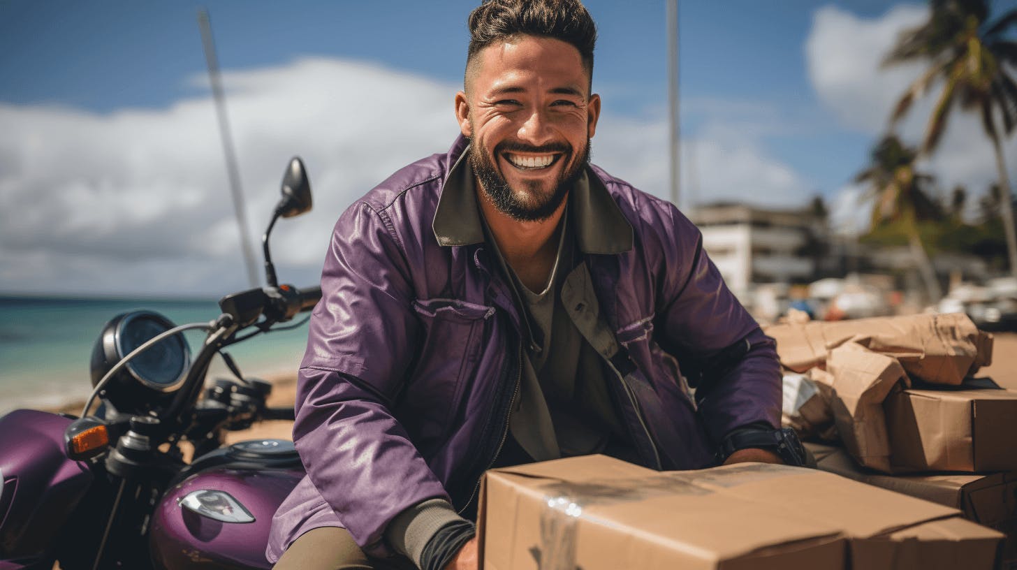 a man on a motorcycle holding boxes on the beach as he smiles, in the style of purple and amber