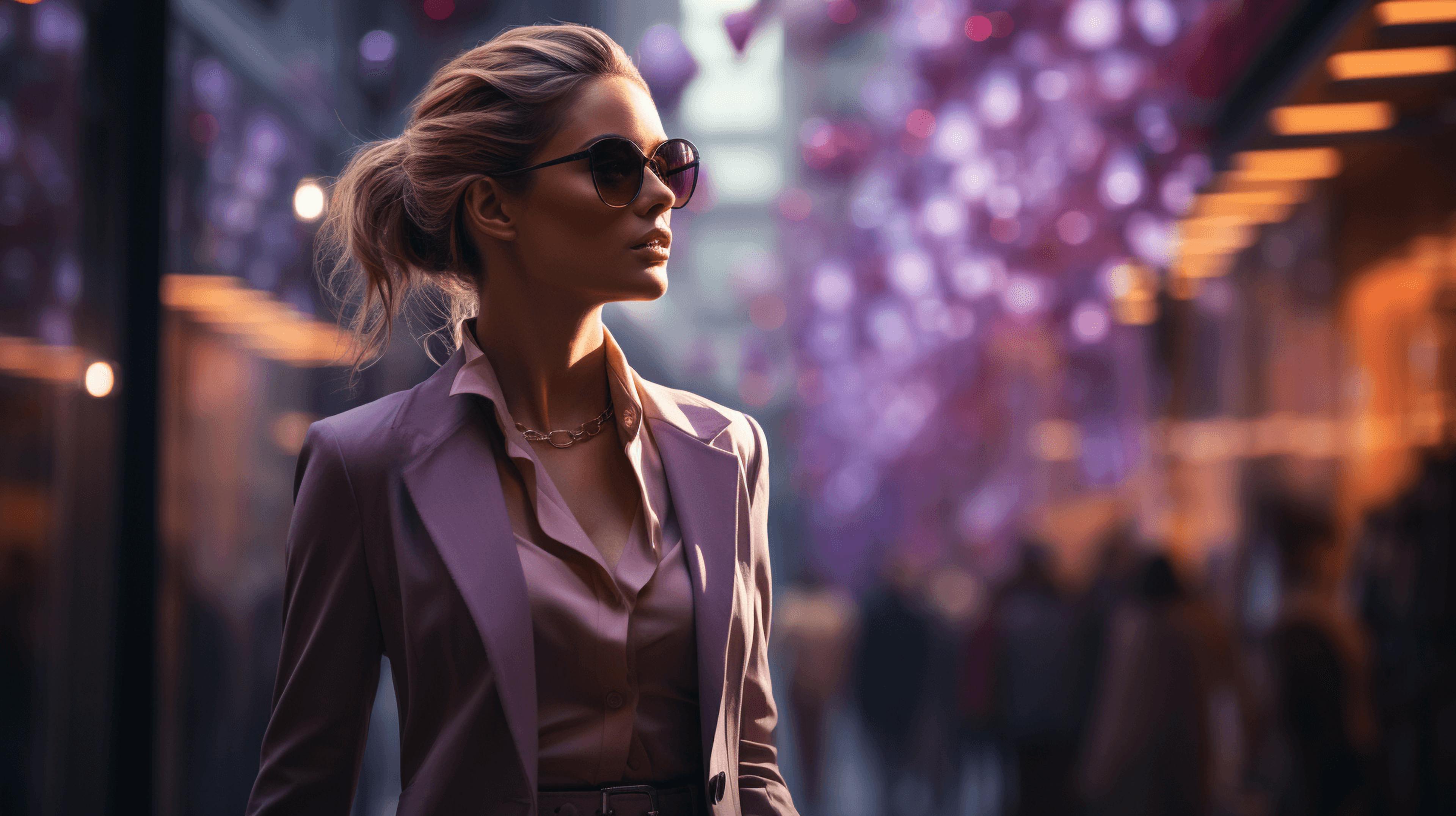 a female business person wearing sunglasses and a purple blazer