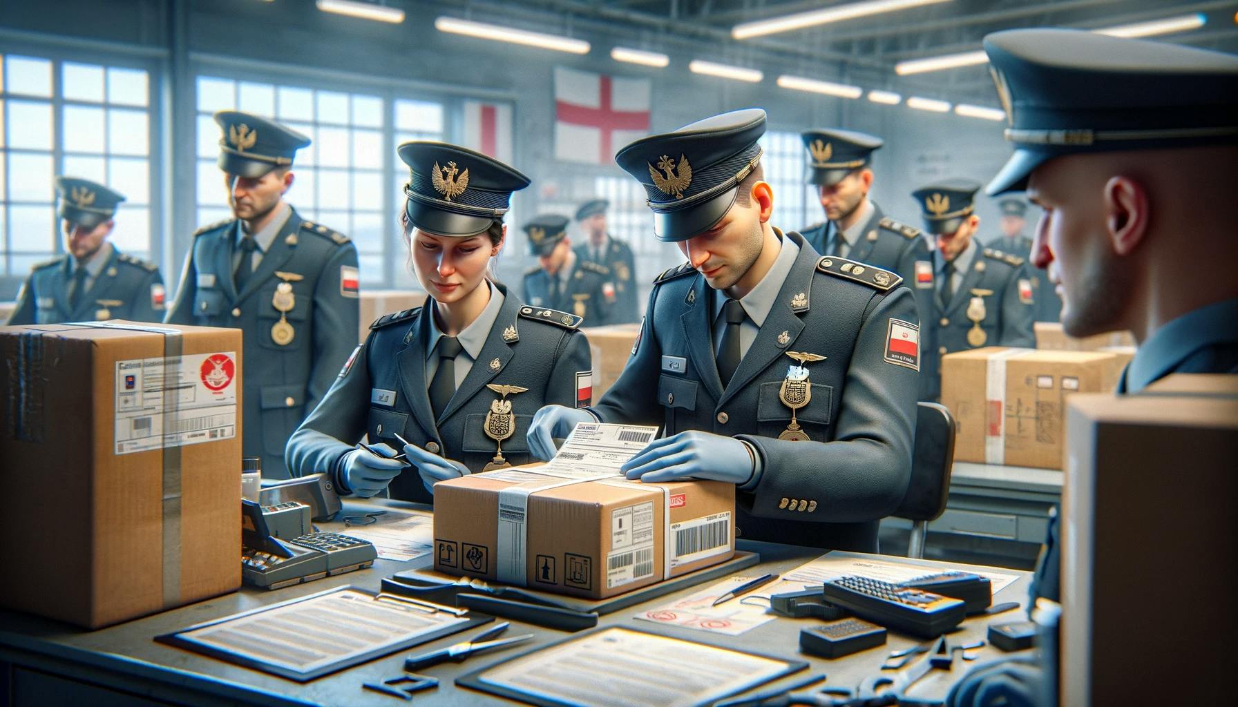 a package being inspected by Polish customs officers a package being inspected by Polish customs officers