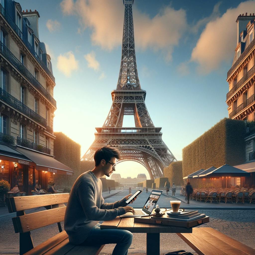 A person shopping online from the US while sitting in front of the Eifel Tower. 