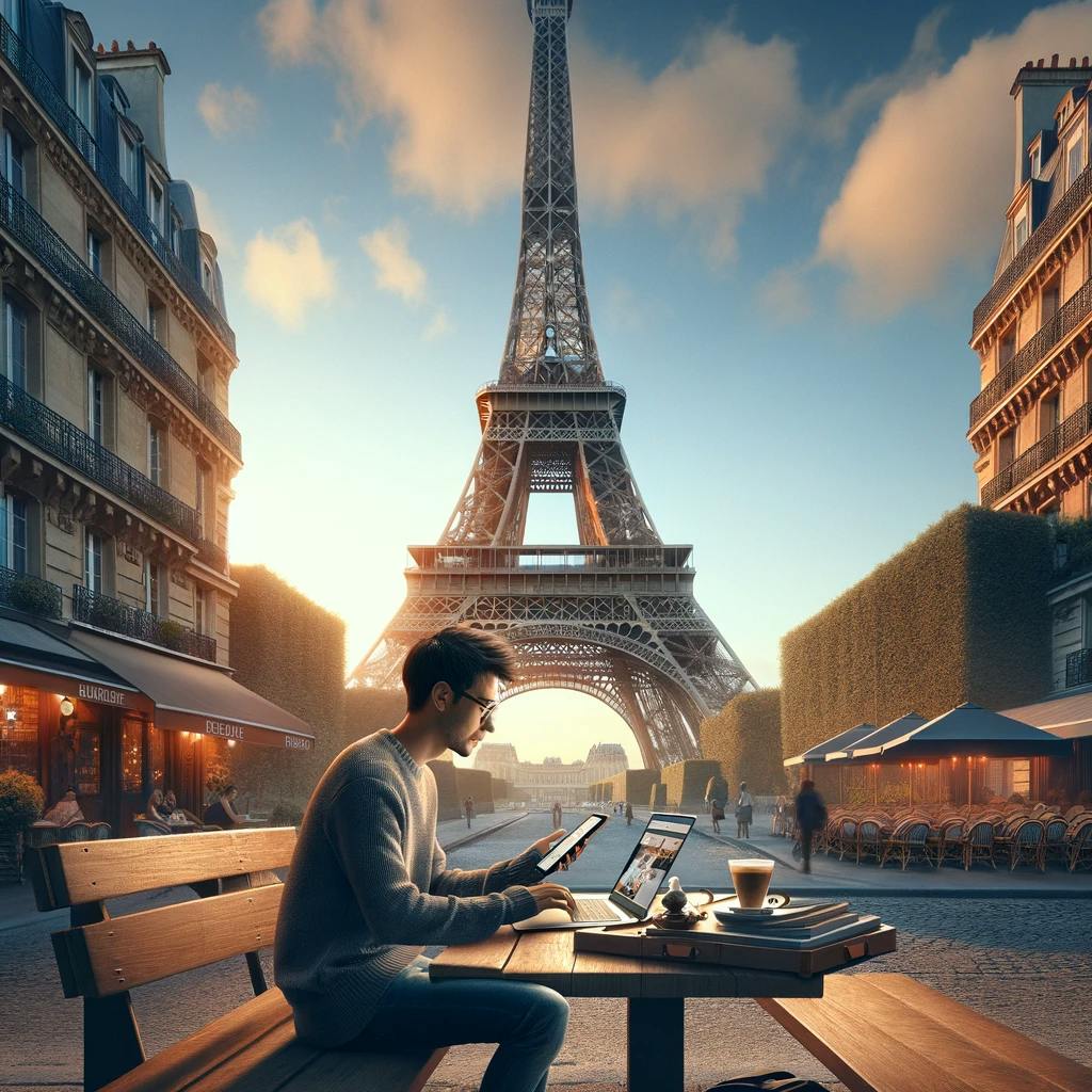 A person shopping online from the US while sitting in front of the Eifel Tower. A person shopping online from the US while sitting in front of the Eifel Tower.