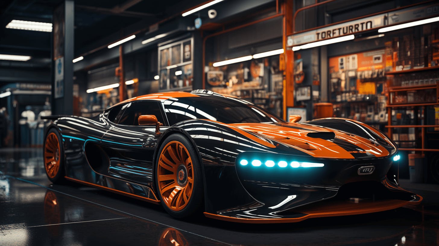 a futuristic race car sitting in a garage, in the style of 8k, light black and orange