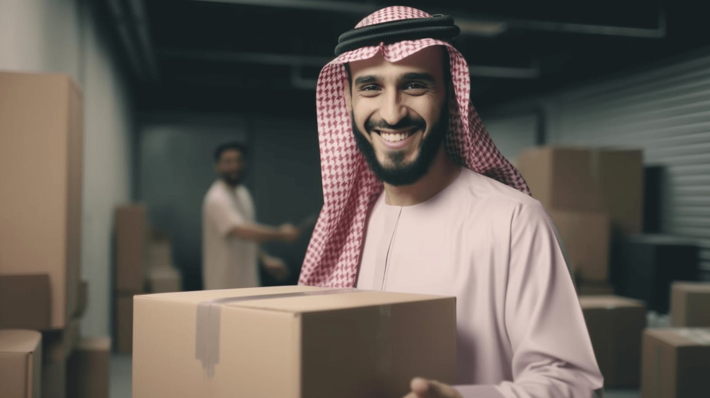 a man in a suit wearing a headscarf holding a box holding