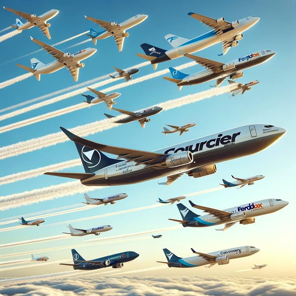 airplanes flying with courier company logos in a clear blue sky.