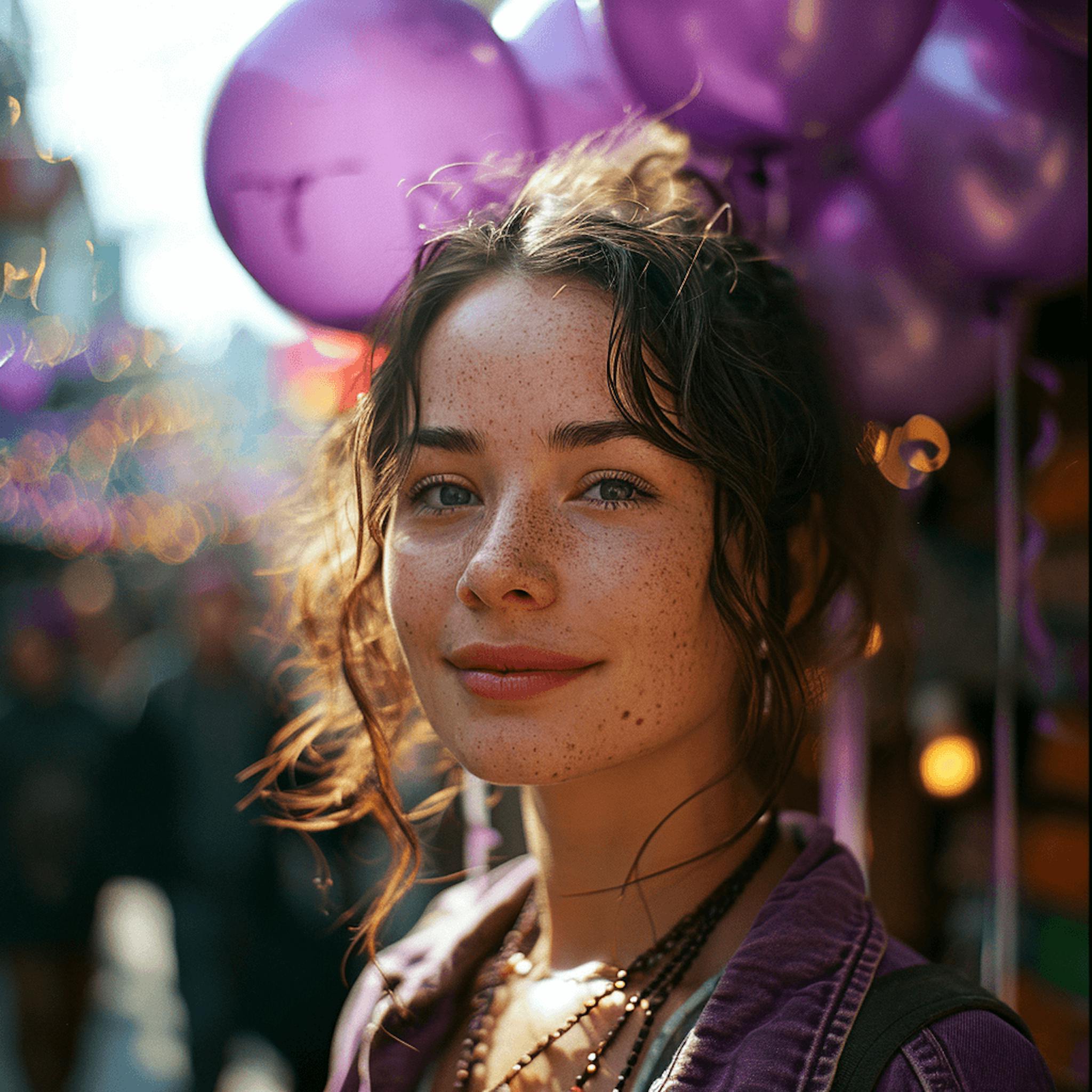 purple balloons hanging behind a young lady