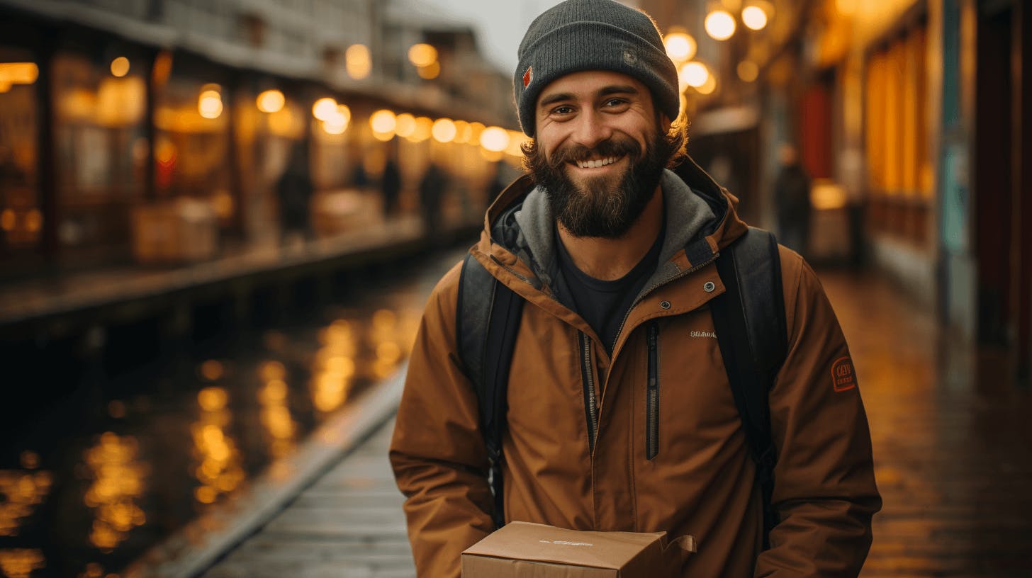 Koyu turuncu mont giyen sakallı bir adam akarsu kenarındaki bir rıhtımda gülümseyerek ufak bir paket tutuyor. 