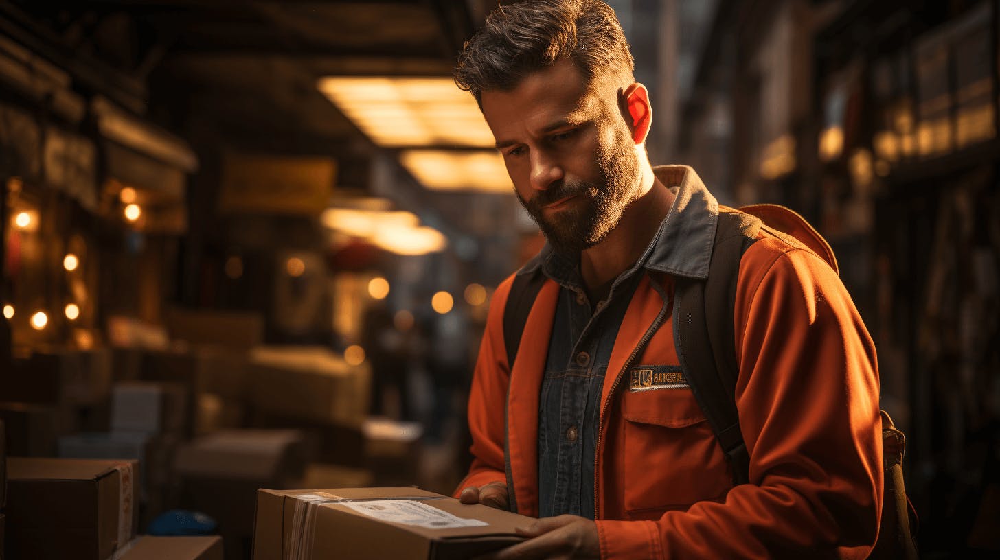 A man holding a package. A man holding a package.