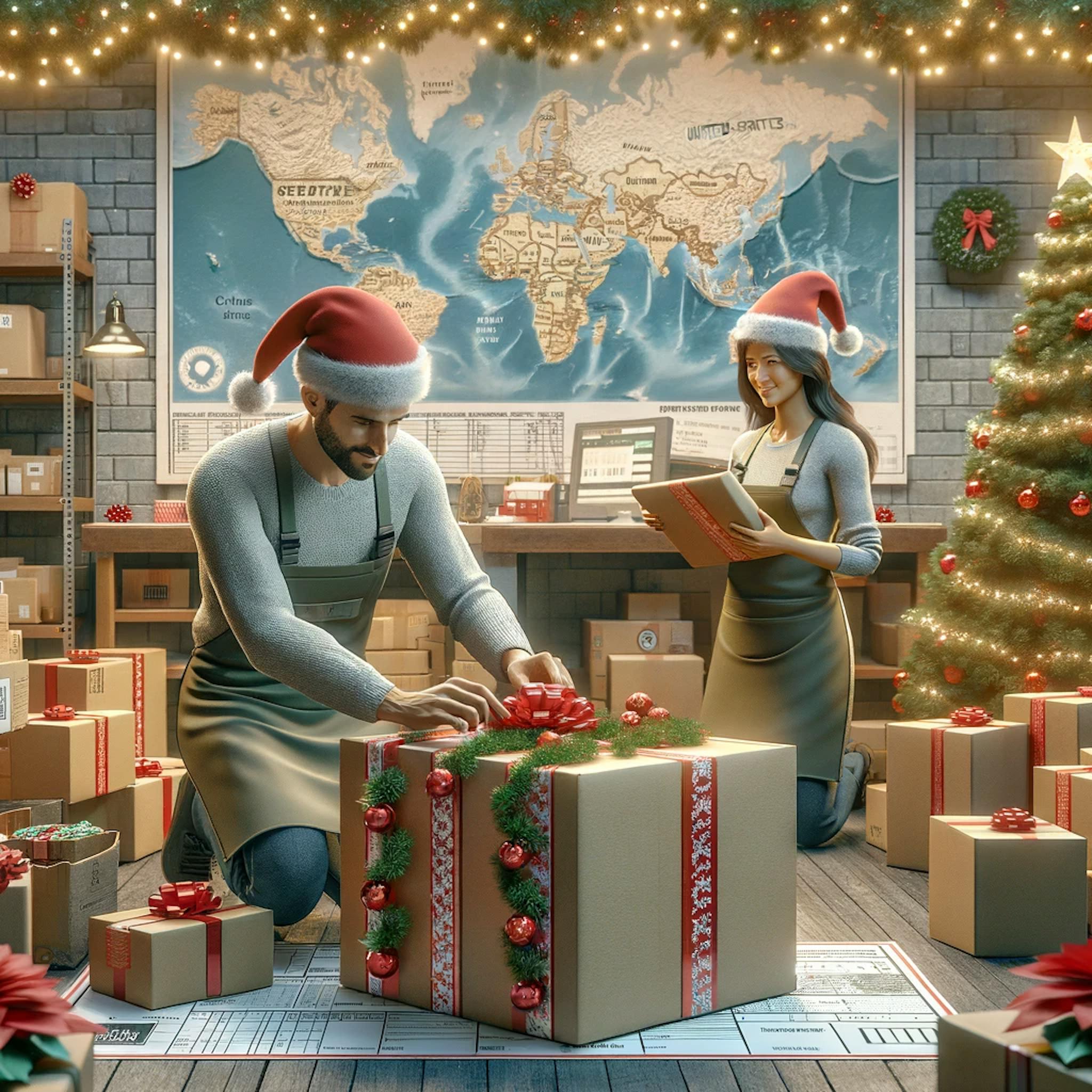 a package being prepared for international shipping from the United States, set in a Christmas-themed shipping office
