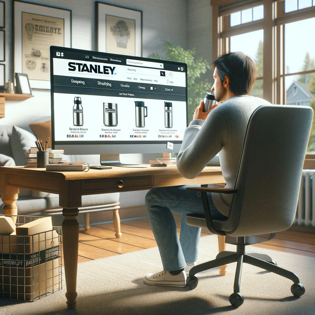 a person buying Stanley drinkware online from the US. a person buying Stanley drinkware online from the US.