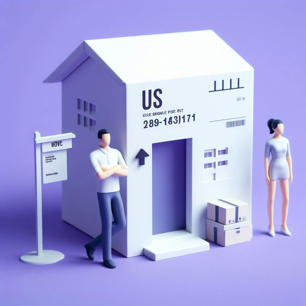 A building US written on it, two shipping box on the ground, and two person waiting next to building. A building US written on it, two shipping box on the ground, and two person waiting next to building.