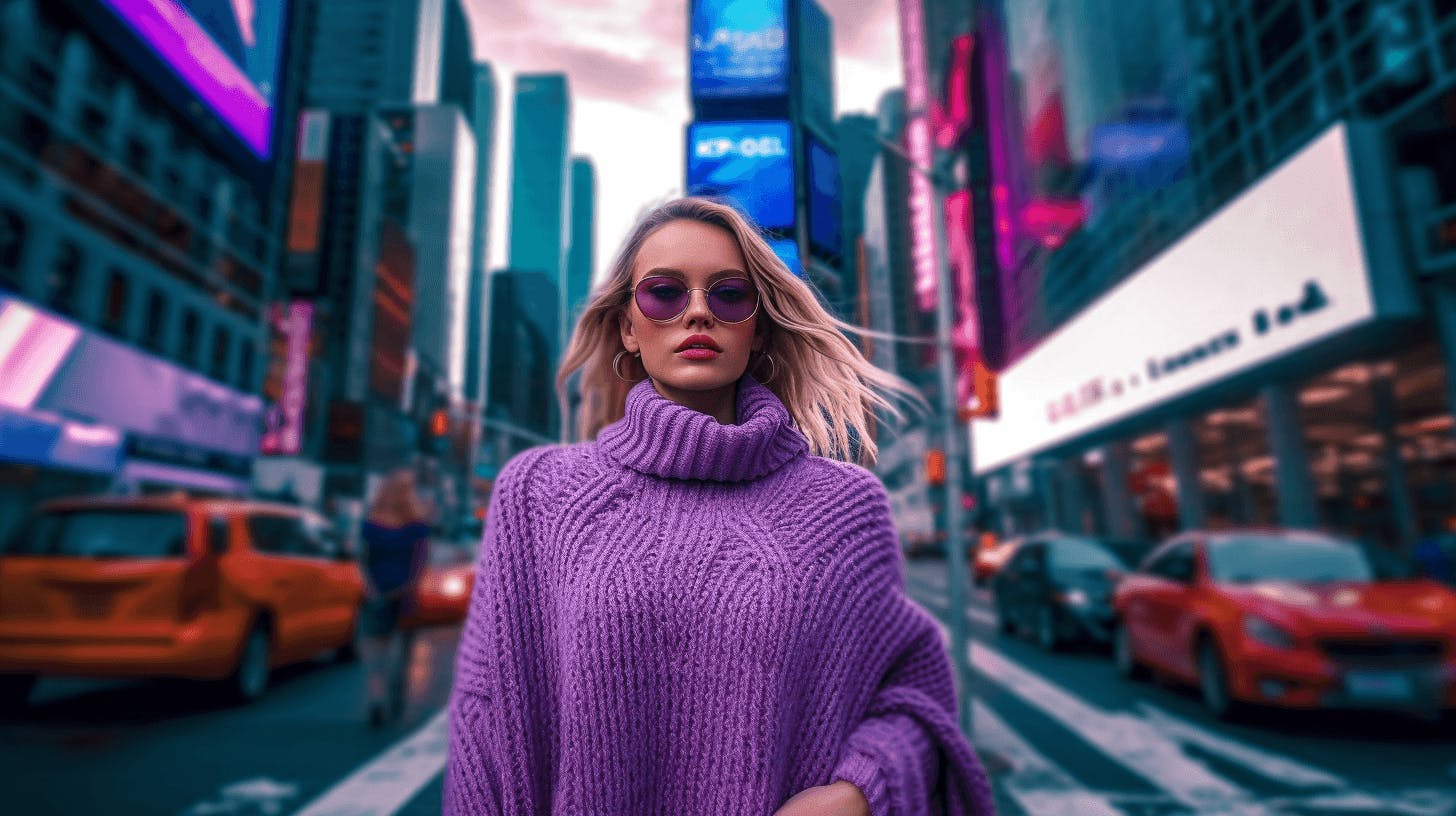 Mor kazak giymiş, güneş gözlüğü takmış kadın New York sokaklarında dolaşıyor. 