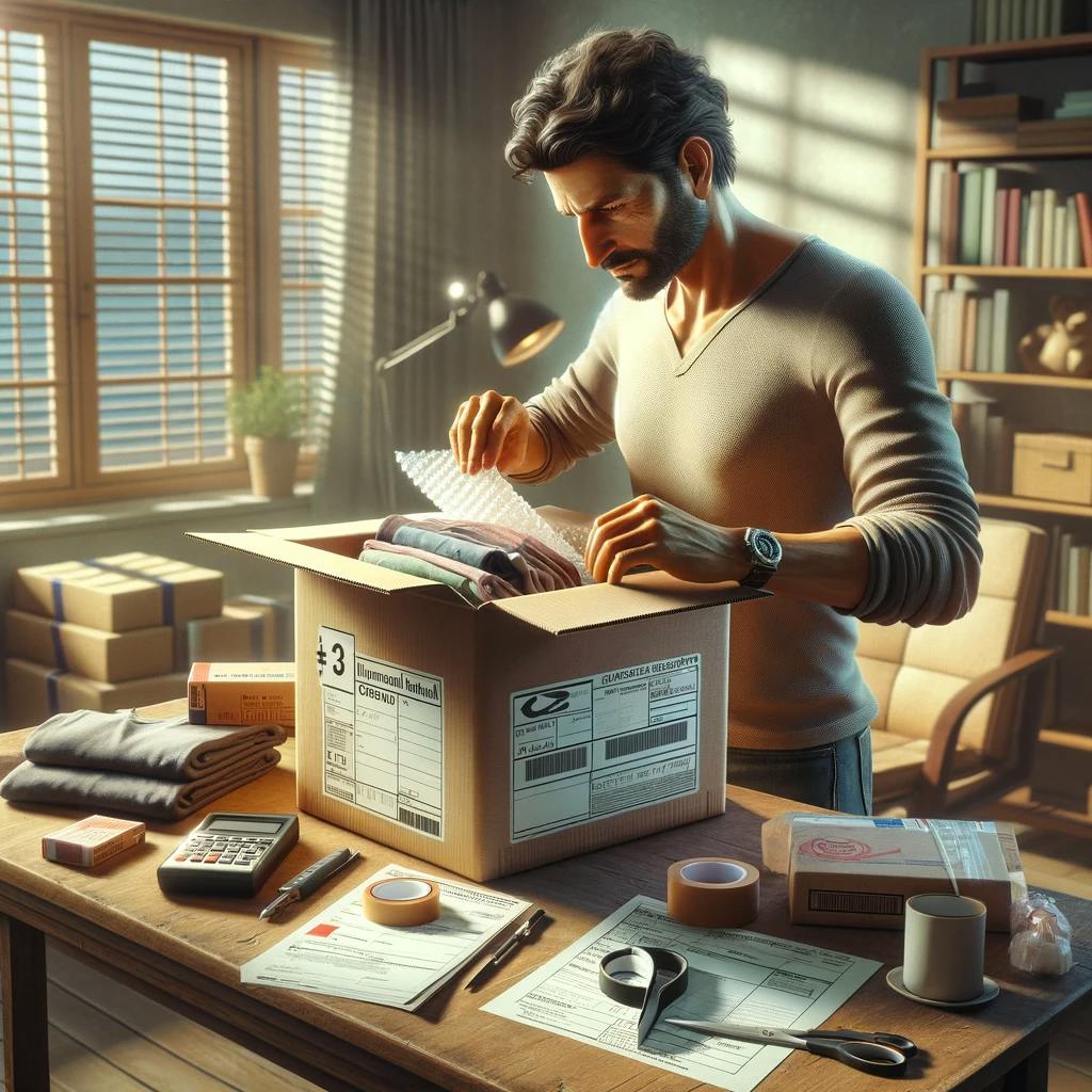 a person packing an international shipping package in a home office setting. a person packing an international shipping package in a home office setting.
