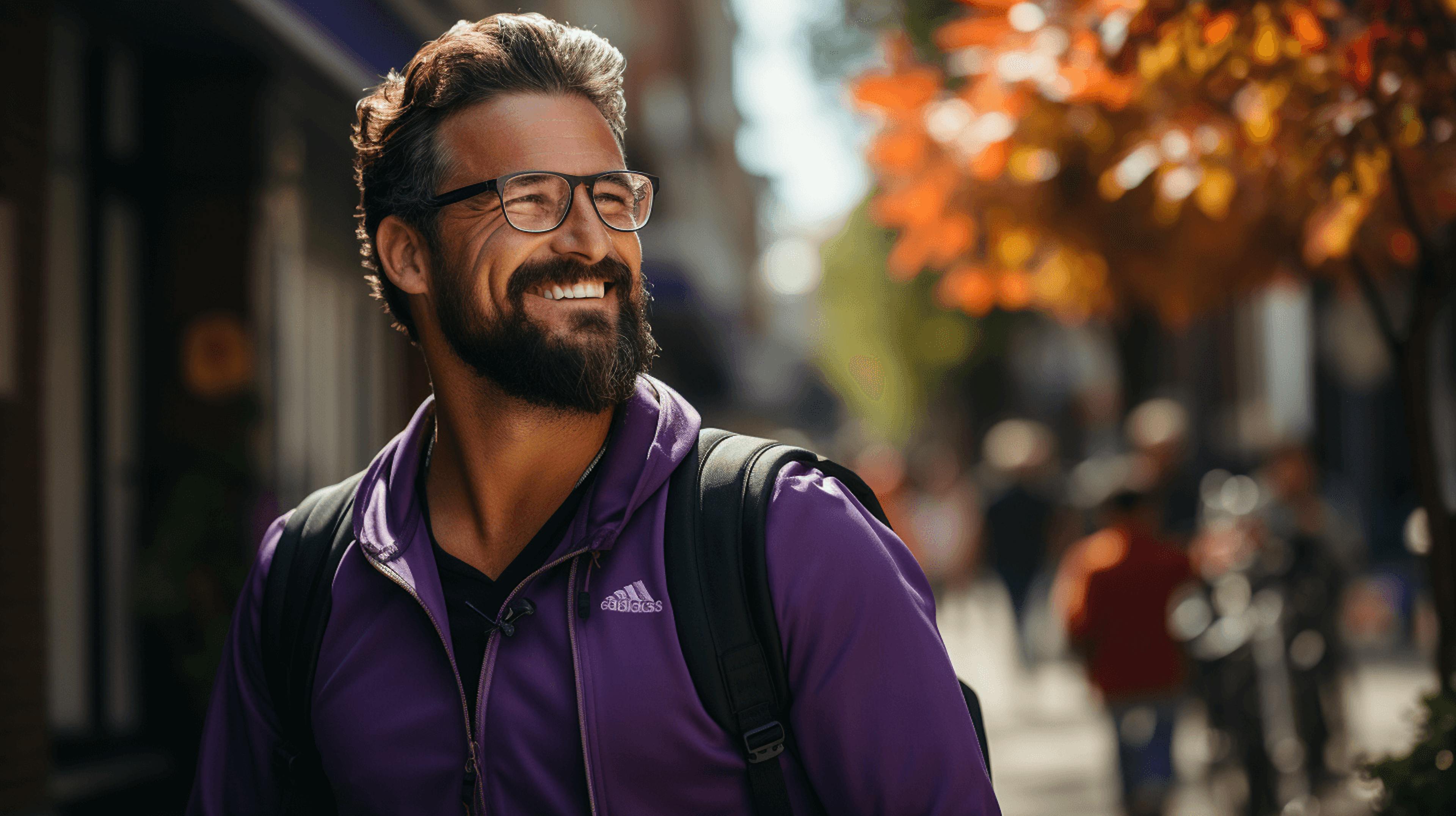smiling man in glasses holding backpack walking on a street, in the style of purple